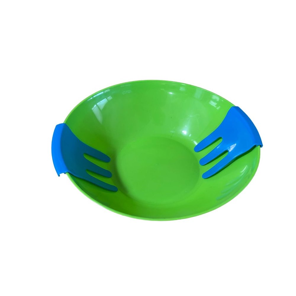 New 3 Pc Salad Bowl Set Large Bowl with utensil mixers Plastic Green Blue Forks